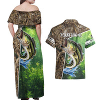 Personalized Bass Fishing Design Couples Matching Off Shoulder Maxi Dress and Hawaiian Shirt Leaping Fish Graphic and Camouflage Green Water Splash Print - Wonder Print Shop