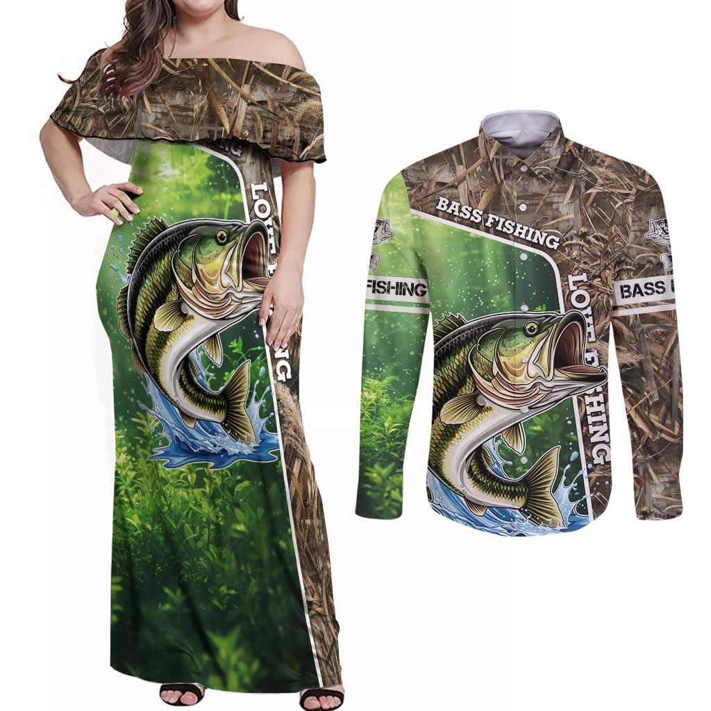 Personalized Bass Fishing Design Couples Matching Off Shoulder Maxi Dress and Long Sleeve Button Shirt Leaping Fish Graphic and Camouflage Green Water Splash Print - Wonder Print Shop