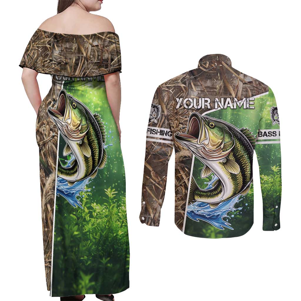 Personalized Bass Fishing Design Couples Matching Off Shoulder Maxi Dress and Long Sleeve Button Shirt Leaping Fish Graphic and Camouflage Green Water Splash Print - Wonder Print Shop