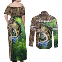 Personalized Bass Fishing Design Couples Matching Off Shoulder Maxi Dress and Long Sleeve Button Shirt Leaping Fish Graphic and Camouflage Green Water Splash Print - Wonder Print Shop