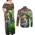 Personalized Bass Fishing Design Couples Matching Off Shoulder Maxi Dress and Long Sleeve Button Shirt Leaping Fish Graphic and Camouflage Green Water Splash Print - Wonder Print Shop