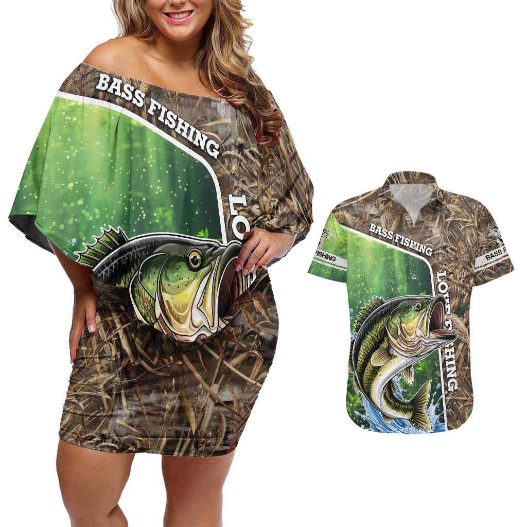 Personalized Bass Fishing Design Couples Matching Off Shoulder Short Dress and Hawaiian Shirt Leaping Fish Graphic and Camouflage Green Water Splash Print - Wonder Print Shop