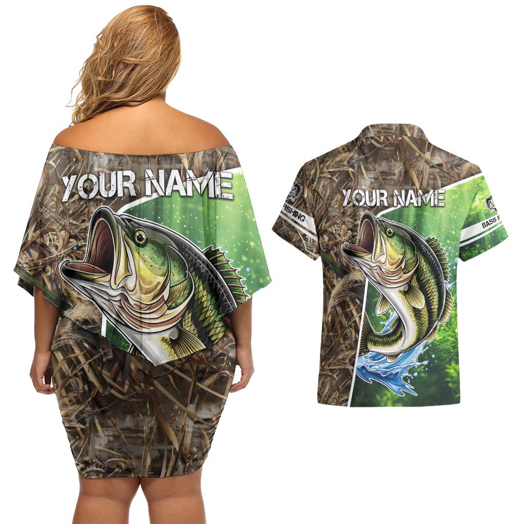 Personalized Bass Fishing Design Couples Matching Off Shoulder Short Dress and Hawaiian Shirt Leaping Fish Graphic and Camouflage Green Water Splash Print - Wonder Print Shop