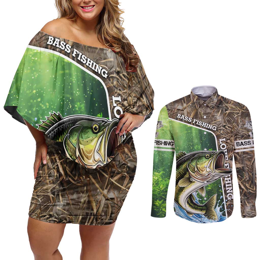 Personalized Bass Fishing Design Couples Matching Off Shoulder Short Dress and Long Sleeve Button Shirt Leaping Fish Graphic and Camouflage Green Water Splash Print - Wonder Print Shop
