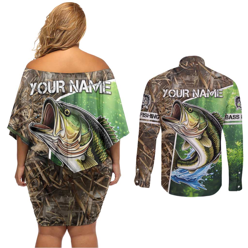 Personalized Bass Fishing Design Couples Matching Off Shoulder Short Dress and Long Sleeve Button Shirt Leaping Fish Graphic and Camouflage Green Water Splash Print - Wonder Print Shop