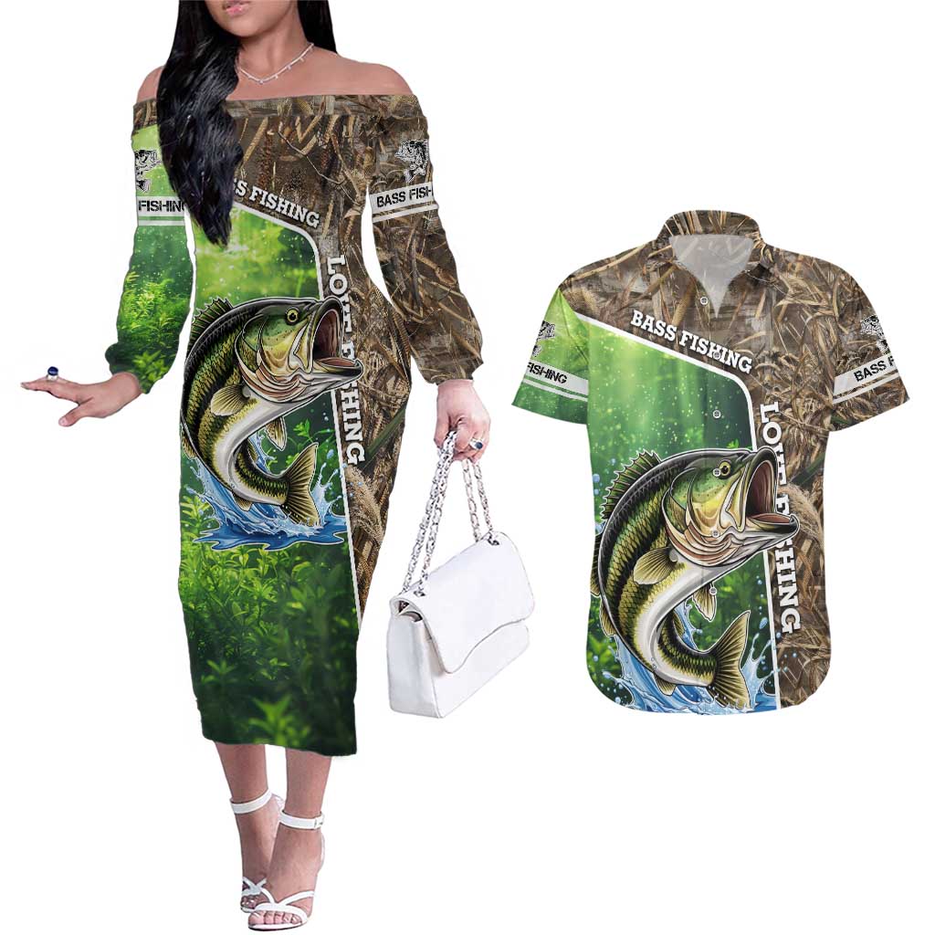 Personalized Bass Fishing Design Couples Matching Off The Shoulder Long Sleeve Dress and Hawaiian Shirt Leaping Fish Graphic and Camouflage Green Water Splash Print - Wonder Print Shop