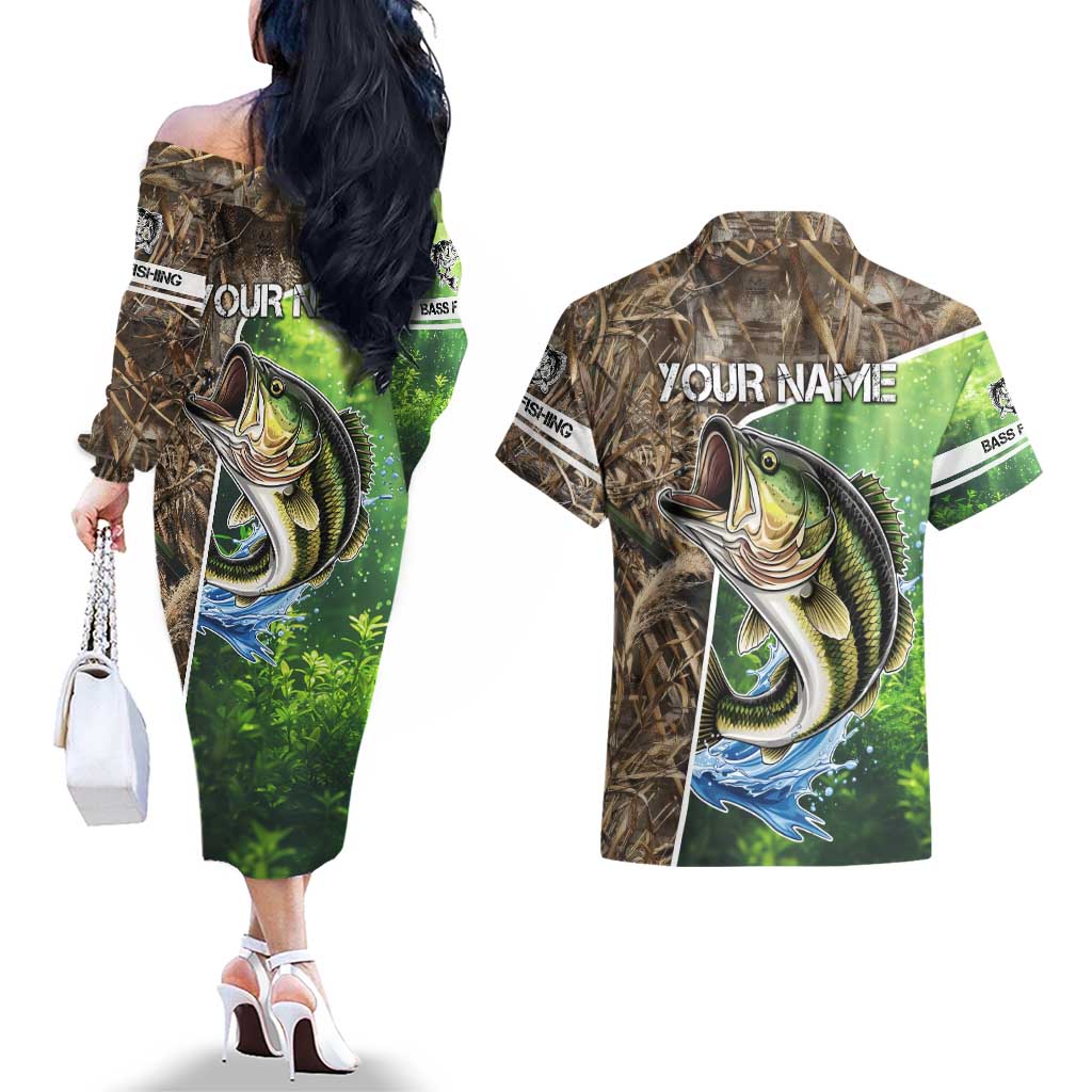 Personalized Bass Fishing Design Couples Matching Off The Shoulder Long Sleeve Dress and Hawaiian Shirt Leaping Fish Graphic and Camouflage Green Water Splash Print - Wonder Print Shop
