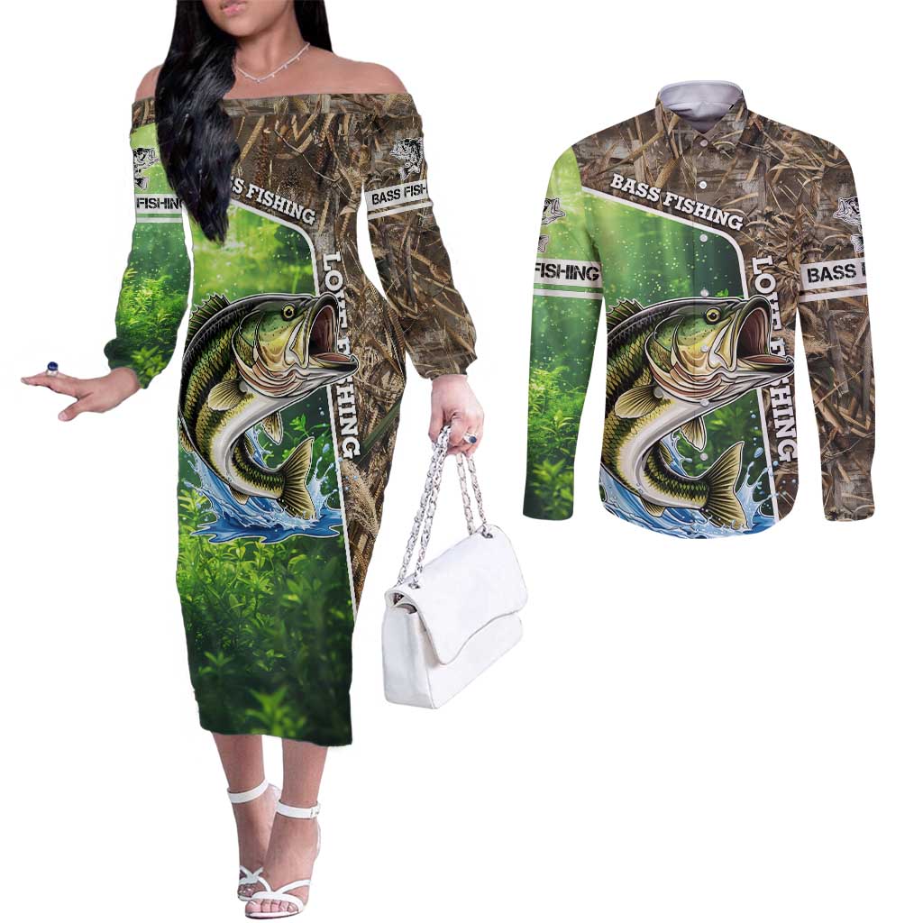 Personalized Bass Fishing Design Couples Matching Off The Shoulder Long Sleeve Dress and Long Sleeve Button Shirt Leaping Fish Graphic and Camouflage Green Water Splash Print - Wonder Print Shop