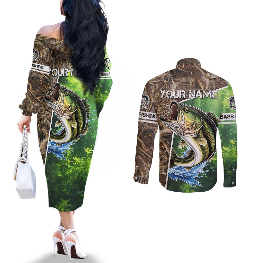 Personalized Bass Fishing Design Couples Matching Off The Shoulder Long Sleeve Dress and Long Sleeve Button Shirt Leaping Fish Graphic and Camouflage Green Water Splash Print - Wonder Print Shop