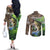 Personalized Bass Fishing Design Couples Matching Off The Shoulder Long Sleeve Dress and Long Sleeve Button Shirt Leaping Fish Graphic and Camouflage Green Water Splash Print - Wonder Print Shop