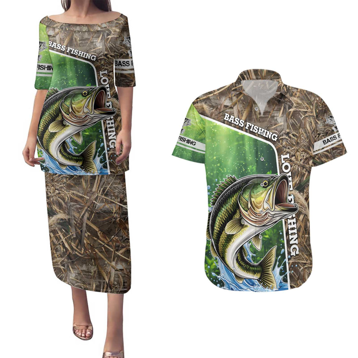 Personalized Bass Fishing Design Couples Matching Puletasi and Hawaiian Shirt Leaping Fish Graphic and Camouflage Green Water Splash Print - Wonder Print Shop