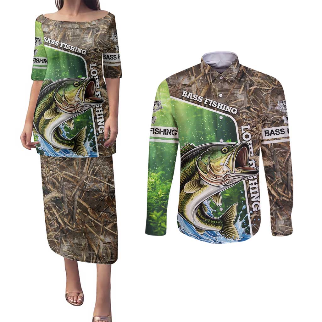 Personalized Bass Fishing Design Couples Matching Puletasi and Long Sleeve Button Shirt Leaping Fish Graphic and Camouflage Green Water Splash Print - Wonder Print Shop