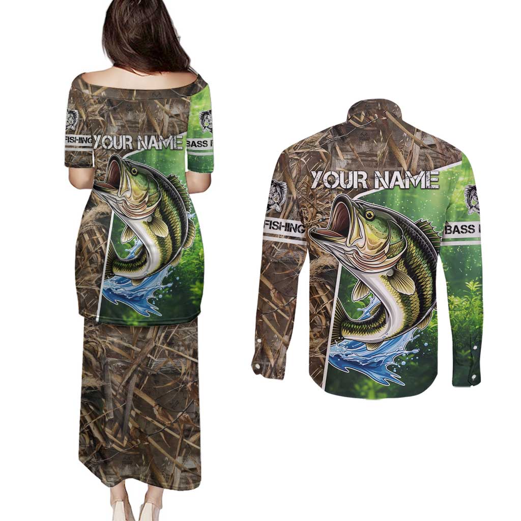 Personalized Bass Fishing Design Couples Matching Puletasi and Long Sleeve Button Shirt Leaping Fish Graphic and Camouflage Green Water Splash Print - Wonder Print Shop