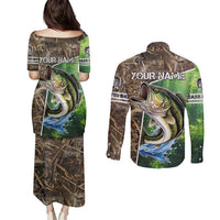 Personalized Bass Fishing Design Couples Matching Puletasi and Long Sleeve Button Shirt Leaping Fish Graphic and Camouflage Green Water Splash Print - Wonder Print Shop