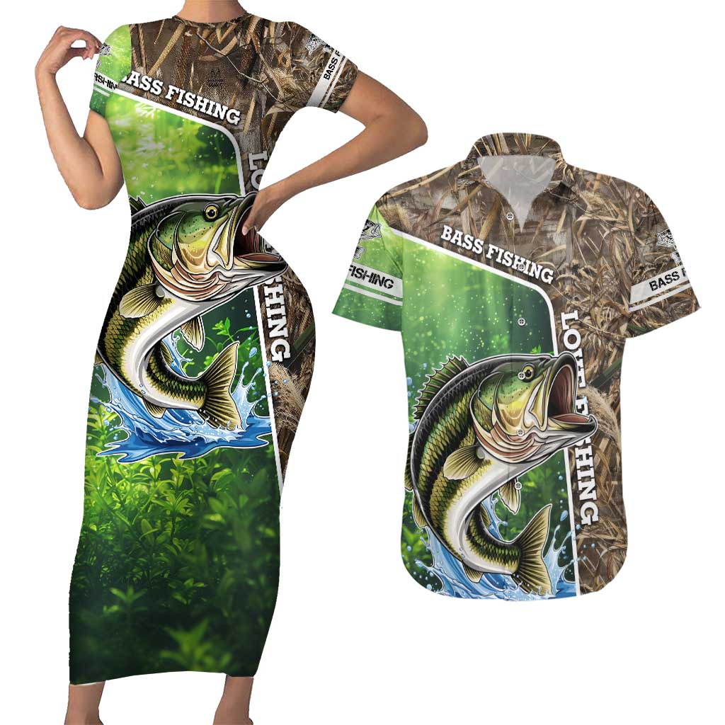 Personalized Bass Fishing Design Couples Matching Short Sleeve Bodycon Dress and Hawaiian Shirt Leaping Fish Graphic and Camouflage Green Water Splash Print - Wonder Print Shop