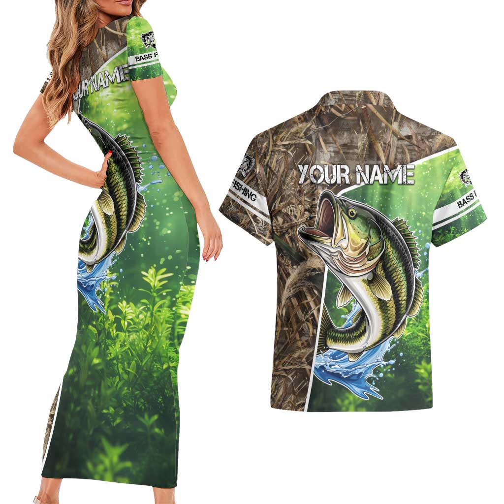 Personalized Bass Fishing Design Couples Matching Short Sleeve Bodycon Dress and Hawaiian Shirt Leaping Fish Graphic and Camouflage Green Water Splash Print - Wonder Print Shop