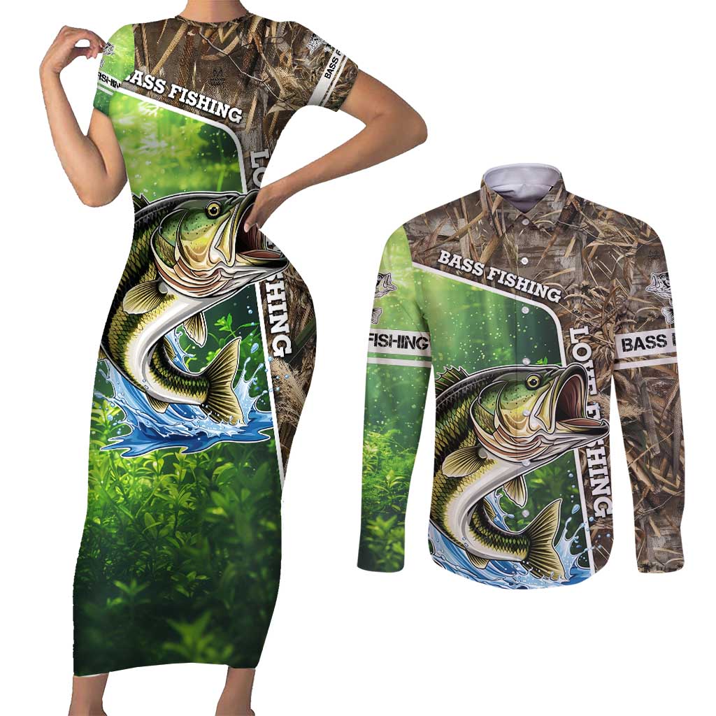 Personalized Bass Fishing Design Couples Matching Short Sleeve Bodycon Dress and Long Sleeve Button Shirt Leaping Fish Graphic and Camouflage Green Water Splash Print - Wonder Print Shop