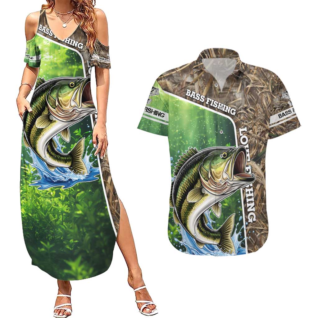 Personalized Bass Fishing Design Couples Matching Summer Maxi Dress and Hawaiian Shirt Leaping Fish Graphic and Camouflage Green Water Splash Print - Wonder Print Shop