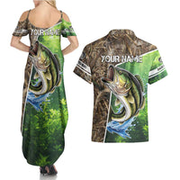 Personalized Bass Fishing Design Couples Matching Summer Maxi Dress and Hawaiian Shirt Leaping Fish Graphic and Camouflage Green Water Splash Print - Wonder Print Shop