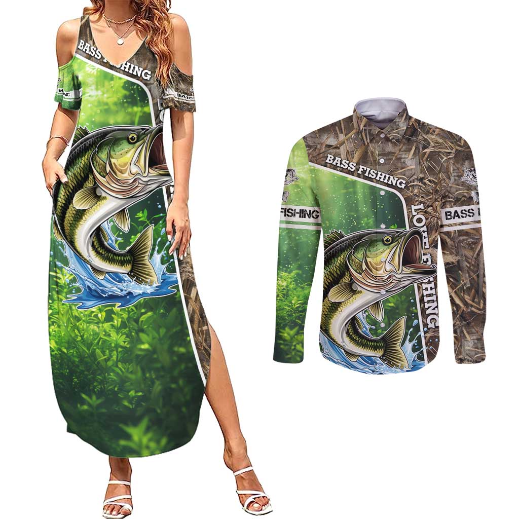 Personalized Bass Fishing Design Couples Matching Summer Maxi Dress and Long Sleeve Button Shirt Leaping Fish Graphic and Camouflage Green Water Splash Print - Wonder Print Shop
