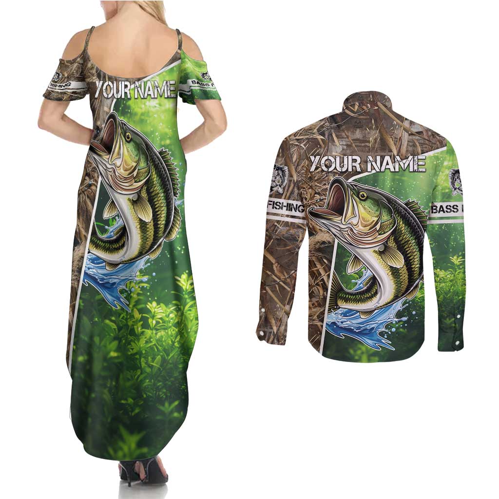 Personalized Bass Fishing Design Couples Matching Summer Maxi Dress and Long Sleeve Button Shirt Leaping Fish Graphic and Camouflage Green Water Splash Print - Wonder Print Shop