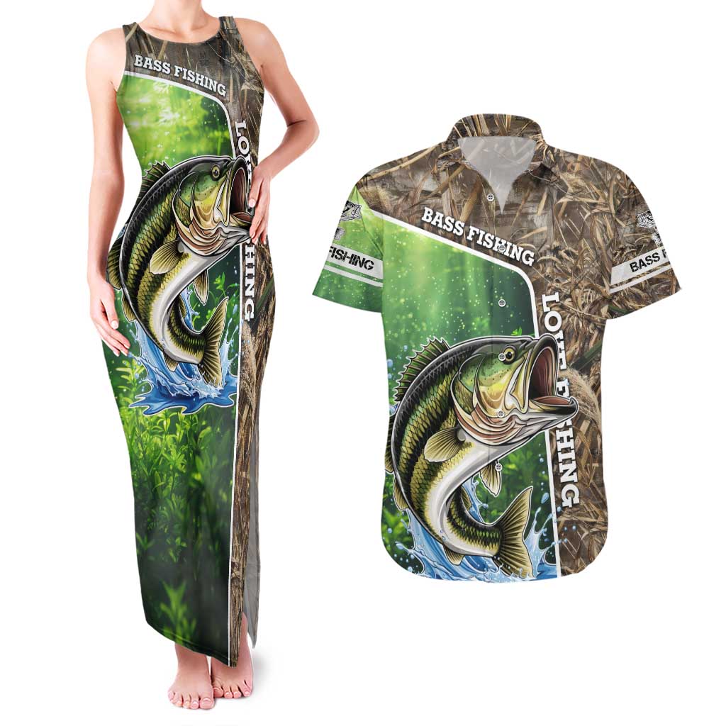 Personalized Bass Fishing Design Couples Matching Tank Maxi Dress and Hawaiian Shirt Leaping Fish Graphic and Camouflage Green Water Splash Print - Wonder Print Shop