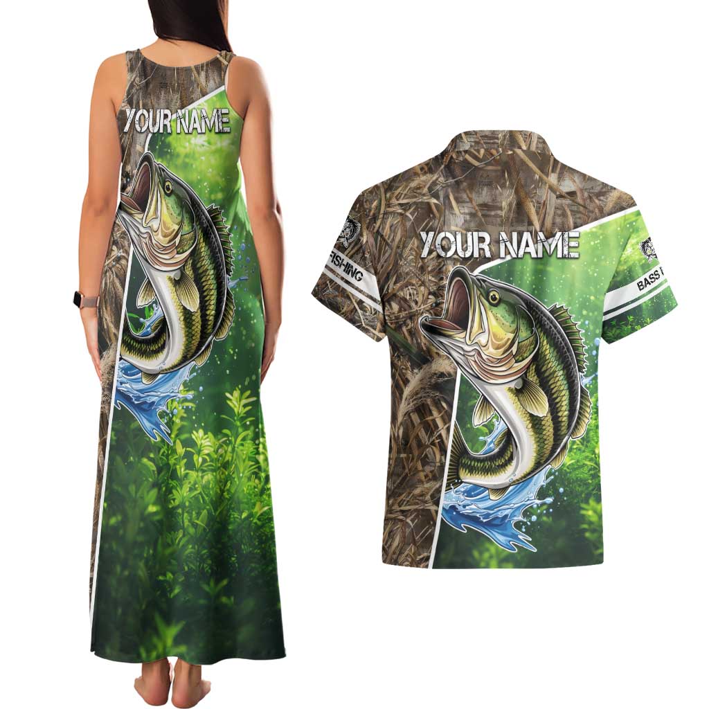 Personalized Bass Fishing Design Couples Matching Tank Maxi Dress and Hawaiian Shirt Leaping Fish Graphic and Camouflage Green Water Splash Print - Wonder Print Shop