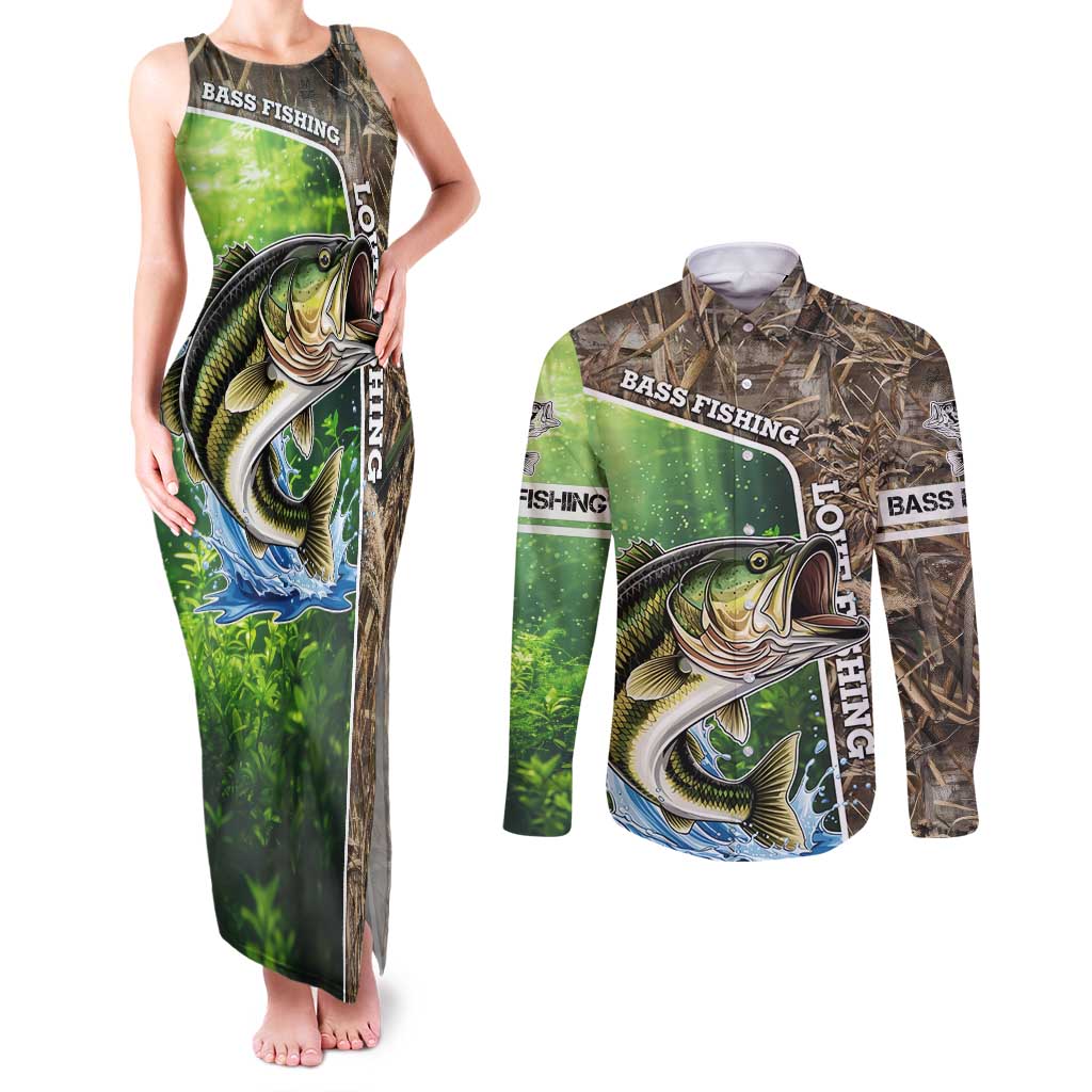 Personalized Bass Fishing Design Couples Matching Tank Maxi Dress and Long Sleeve Button Shirt Leaping Fish Graphic and Camouflage Green Water Splash Print - Wonder Print Shop