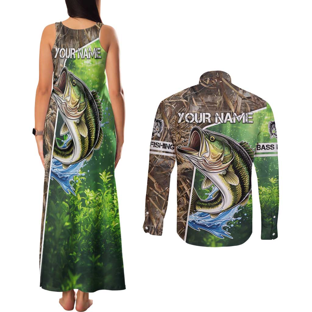 Personalized Bass Fishing Design Couples Matching Tank Maxi Dress and Long Sleeve Button Shirt Leaping Fish Graphic and Camouflage Green Water Splash Print - Wonder Print Shop