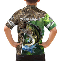 Personalized Bass Fishing Design Family Matching Long Sleeve Bodycon Dress and Hawaiian Shirt Leaping Fish Graphic and Camouflage Green Water Splash Print - Wonder Print Shop