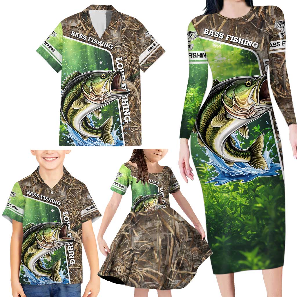 Personalized Bass Fishing Design Family Matching Long Sleeve Bodycon Dress and Hawaiian Shirt Leaping Fish Graphic and Camouflage Green Water Splash Print - Wonder Print Shop