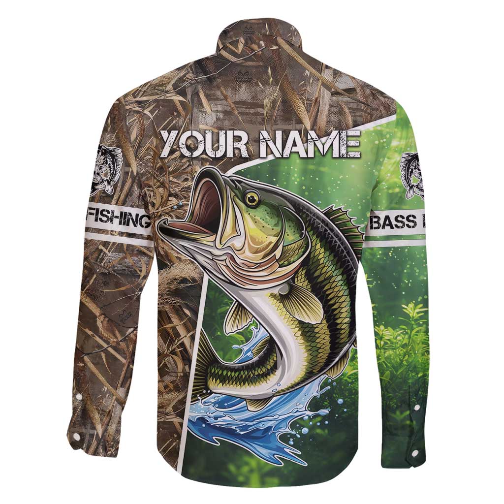 Personalized Bass Fishing Design Family Matching Long Sleeve Bodycon Dress and Hawaiian Shirt Leaping Fish Graphic and Camouflage Green Water Splash Print - Wonder Print Shop