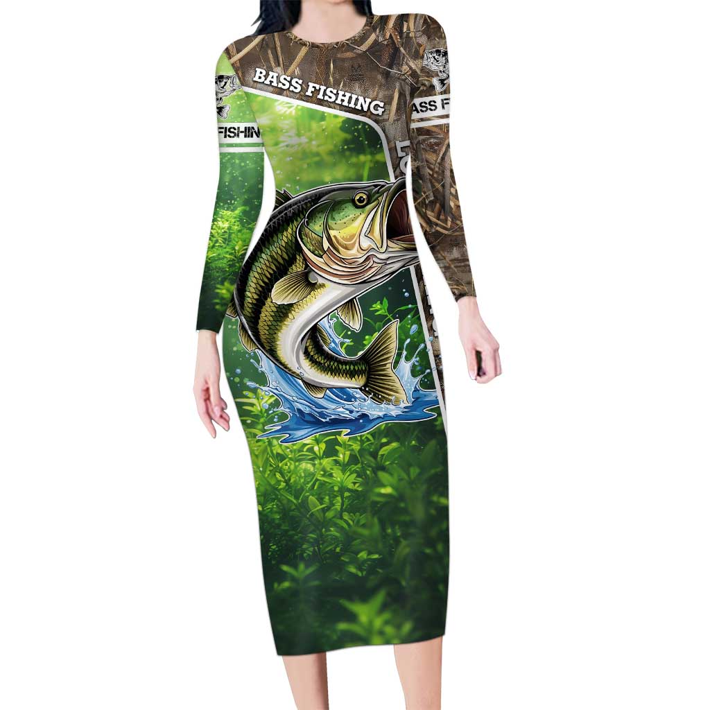 Personalized Bass Fishing Design Family Matching Long Sleeve Bodycon Dress and Hawaiian Shirt Leaping Fish Graphic and Camouflage Green Water Splash Print - Wonder Print Shop