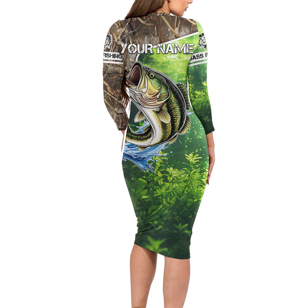 Personalized Bass Fishing Design Family Matching Long Sleeve Bodycon Dress and Hawaiian Shirt Leaping Fish Graphic and Camouflage Green Water Splash Print - Wonder Print Shop