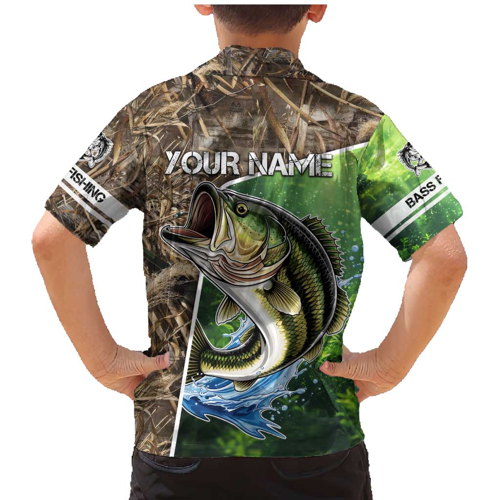 Personalized Bass Fishing Design Family Matching Mermaid Dress and Hawaiian Shirt Leaping Fish Graphic and Camouflage Green Water Splash Print - Wonder Print Shop