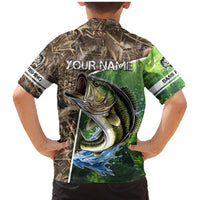 Personalized Bass Fishing Design Family Matching Mermaid Dress and Hawaiian Shirt Leaping Fish Graphic and Camouflage Green Water Splash Print - Wonder Print Shop