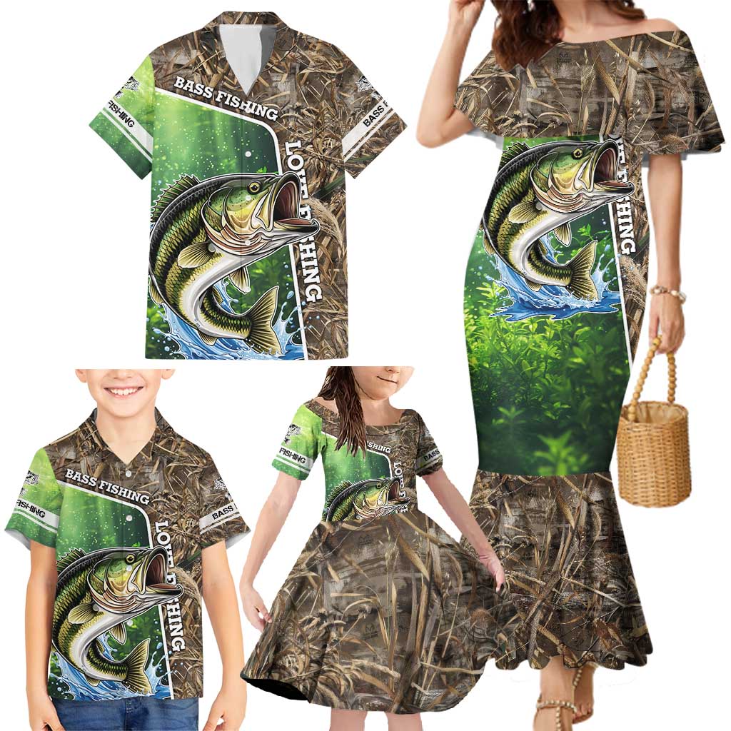Personalized Bass Fishing Design Family Matching Mermaid Dress and Hawaiian Shirt Leaping Fish Graphic and Camouflage Green Water Splash Print - Wonder Print Shop