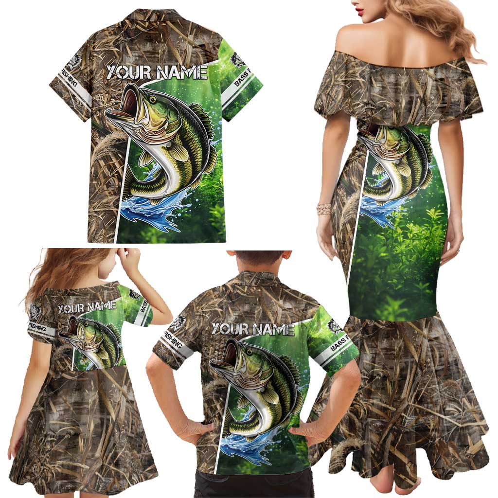 Personalized Bass Fishing Design Family Matching Mermaid Dress and Hawaiian Shirt Leaping Fish Graphic and Camouflage Green Water Splash Print - Wonder Print Shop