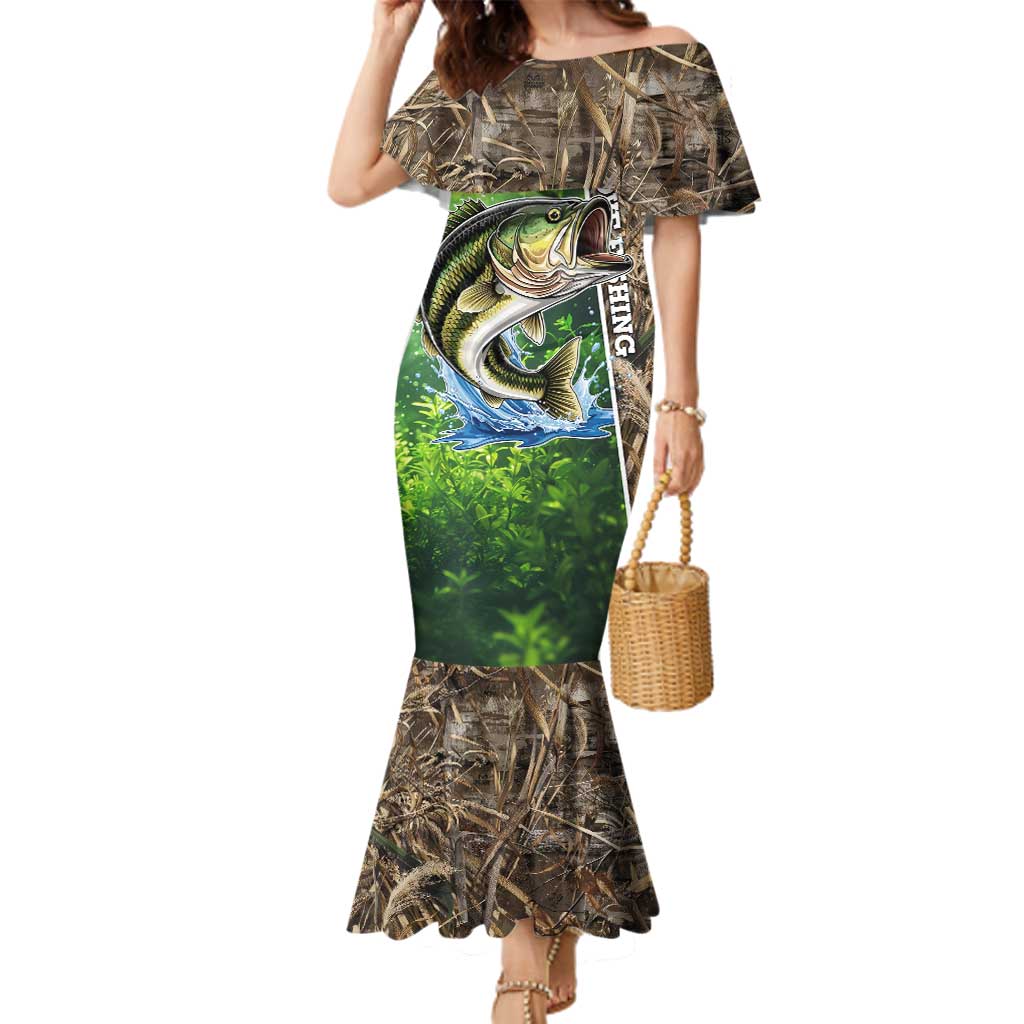 Personalized Bass Fishing Design Family Matching Mermaid Dress and Hawaiian Shirt Leaping Fish Graphic and Camouflage Green Water Splash Print - Wonder Print Shop