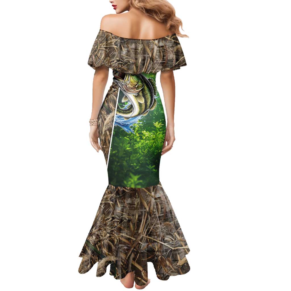 Personalized Bass Fishing Design Family Matching Mermaid Dress and Hawaiian Shirt Leaping Fish Graphic and Camouflage Green Water Splash Print - Wonder Print Shop