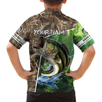 Personalized Bass Fishing Design Family Matching Off The Shoulder Long Sleeve Dress and Hawaiian Shirt Leaping Fish Graphic and Camouflage Green Water Splash Print - Wonder Print Shop