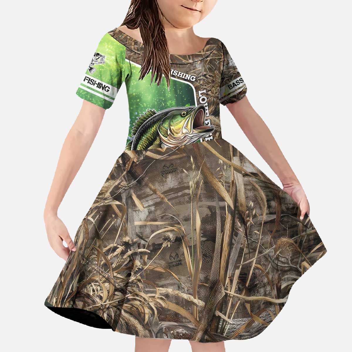 Personalized Bass Fishing Design Family Matching Off The Shoulder Long Sleeve Dress and Hawaiian Shirt Leaping Fish Graphic and Camouflage Green Water Splash Print - Wonder Print Shop