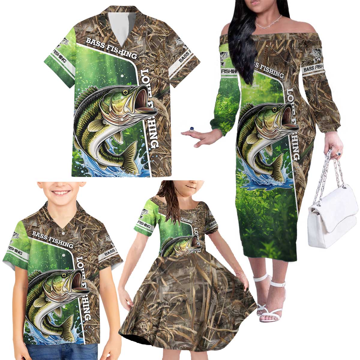 Personalized Bass Fishing Design Family Matching Off The Shoulder Long Sleeve Dress and Hawaiian Shirt Leaping Fish Graphic and Camouflage Green Water Splash Print - Wonder Print Shop