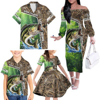 Personalized Bass Fishing Design Family Matching Off The Shoulder Long Sleeve Dress and Hawaiian Shirt Leaping Fish Graphic and Camouflage Green Water Splash Print - Wonder Print Shop