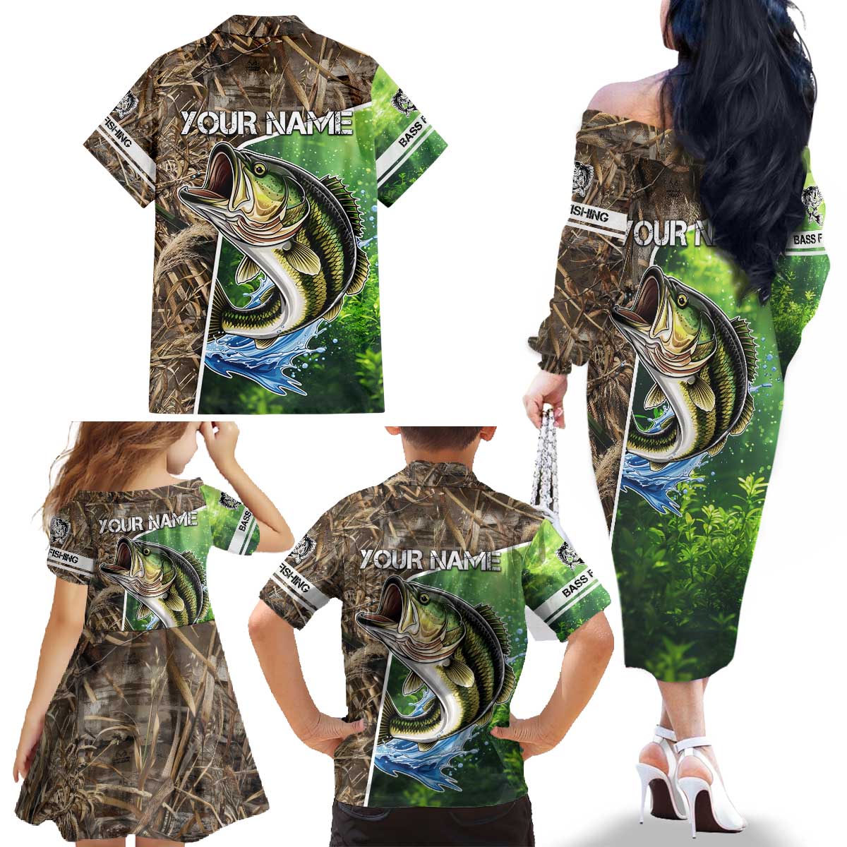 Personalized Bass Fishing Design Family Matching Off The Shoulder Long Sleeve Dress and Hawaiian Shirt Leaping Fish Graphic and Camouflage Green Water Splash Print - Wonder Print Shop