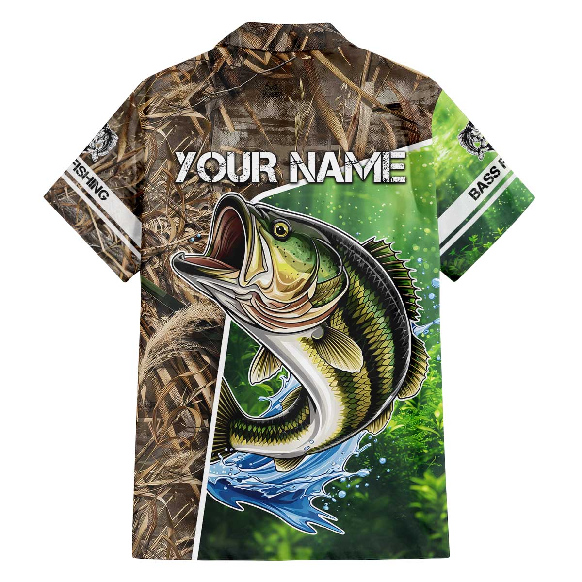 Personalized Bass Fishing Design Family Matching Off The Shoulder Long Sleeve Dress and Hawaiian Shirt Leaping Fish Graphic and Camouflage Green Water Splash Print - Wonder Print Shop