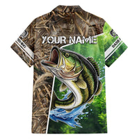Personalized Bass Fishing Design Family Matching Off The Shoulder Long Sleeve Dress and Hawaiian Shirt Leaping Fish Graphic and Camouflage Green Water Splash Print - Wonder Print Shop