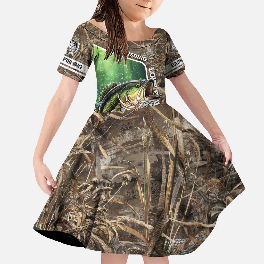 Personalized Bass Fishing Design Family Matching Off Shoulder Maxi Dress and Hawaiian Shirt Leaping Fish Graphic and Camouflage Green Water Splash Print - Wonder Print Shop