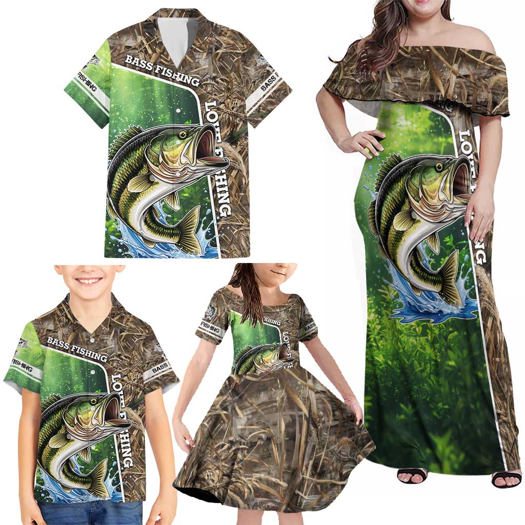 Personalized Bass Fishing Design Family Matching Off Shoulder Maxi Dress and Hawaiian Shirt Leaping Fish Graphic and Camouflage Green Water Splash Print - Wonder Print Shop