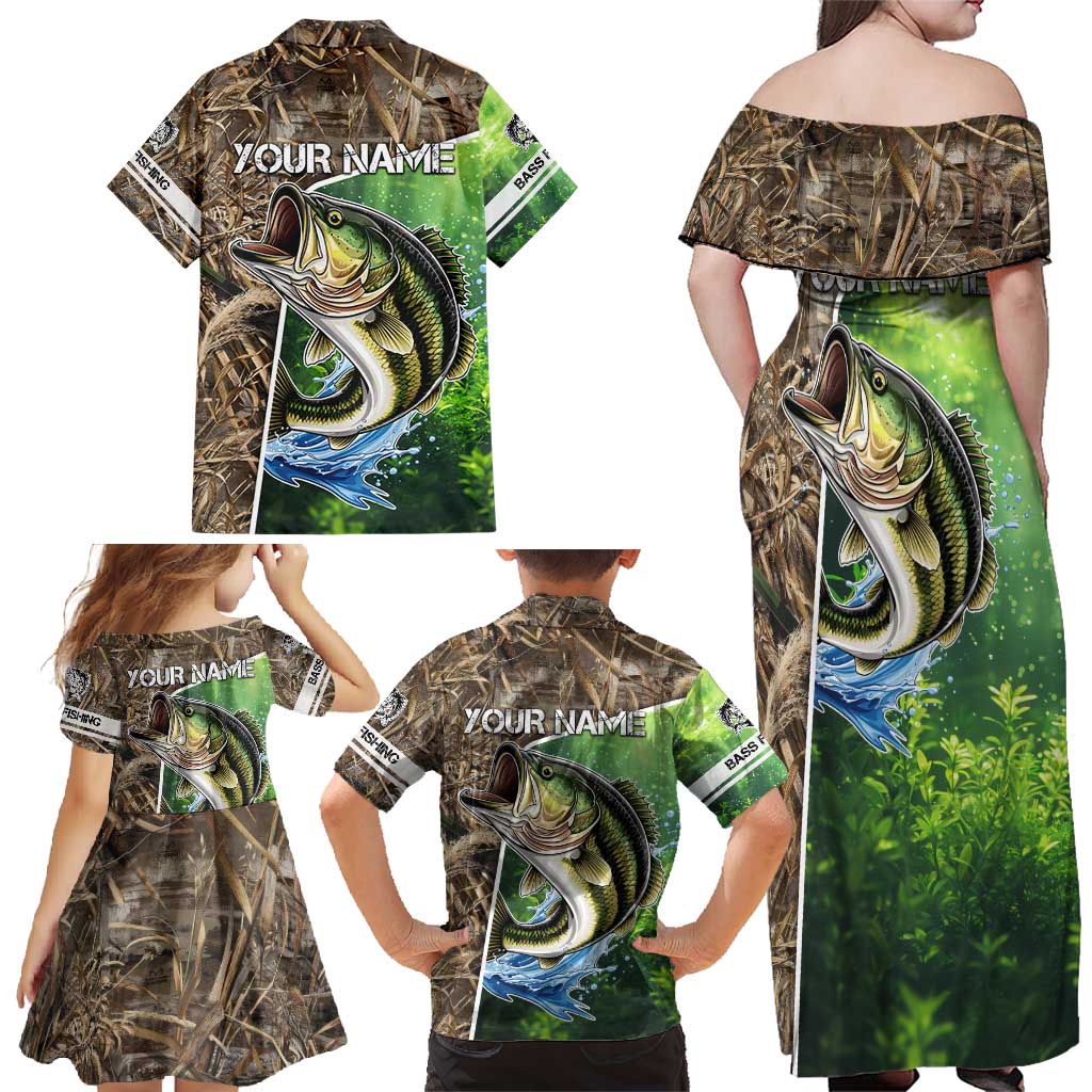 Personalized Bass Fishing Design Family Matching Off Shoulder Maxi Dress and Hawaiian Shirt Leaping Fish Graphic and Camouflage Green Water Splash Print - Wonder Print Shop